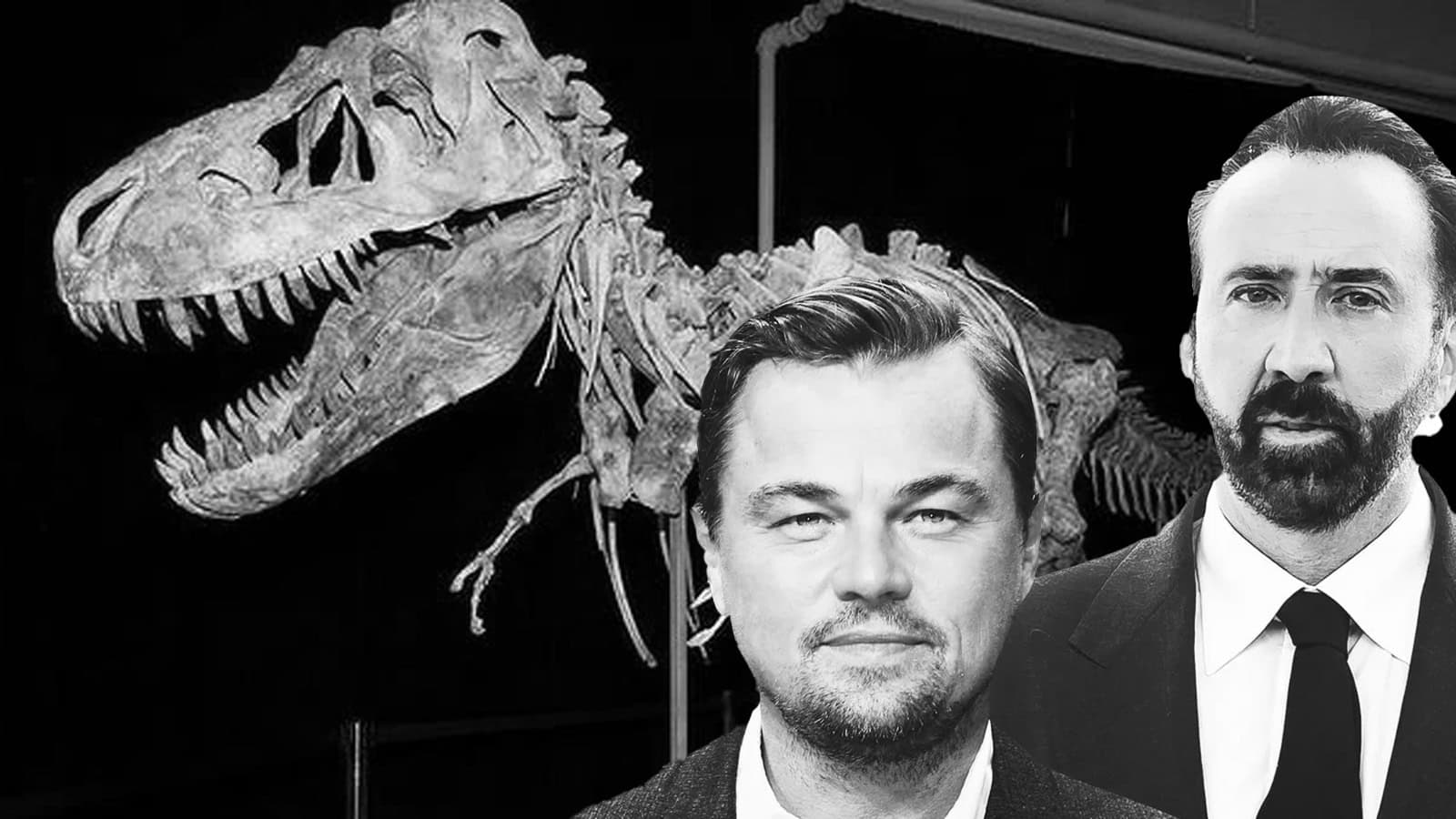 Black and white photo showing two men in suits standing in front of a large dinosaur skeleton on display. The man on the left has light hair and is smiling, while the man on the right has dark hair and a beard, and is looking serious.