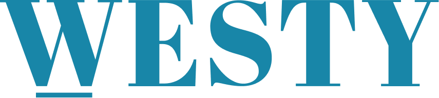 The image shows the word "WESTY" written in large, blue, uppercase letters on a white background.