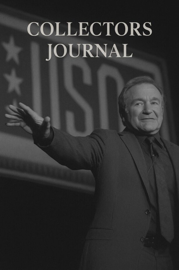 A man in a suit gestures with one arm extended, smiling on stage in front of a large USO sign. The text "COLLECTORS JOURNAL" appears at the top of the image.