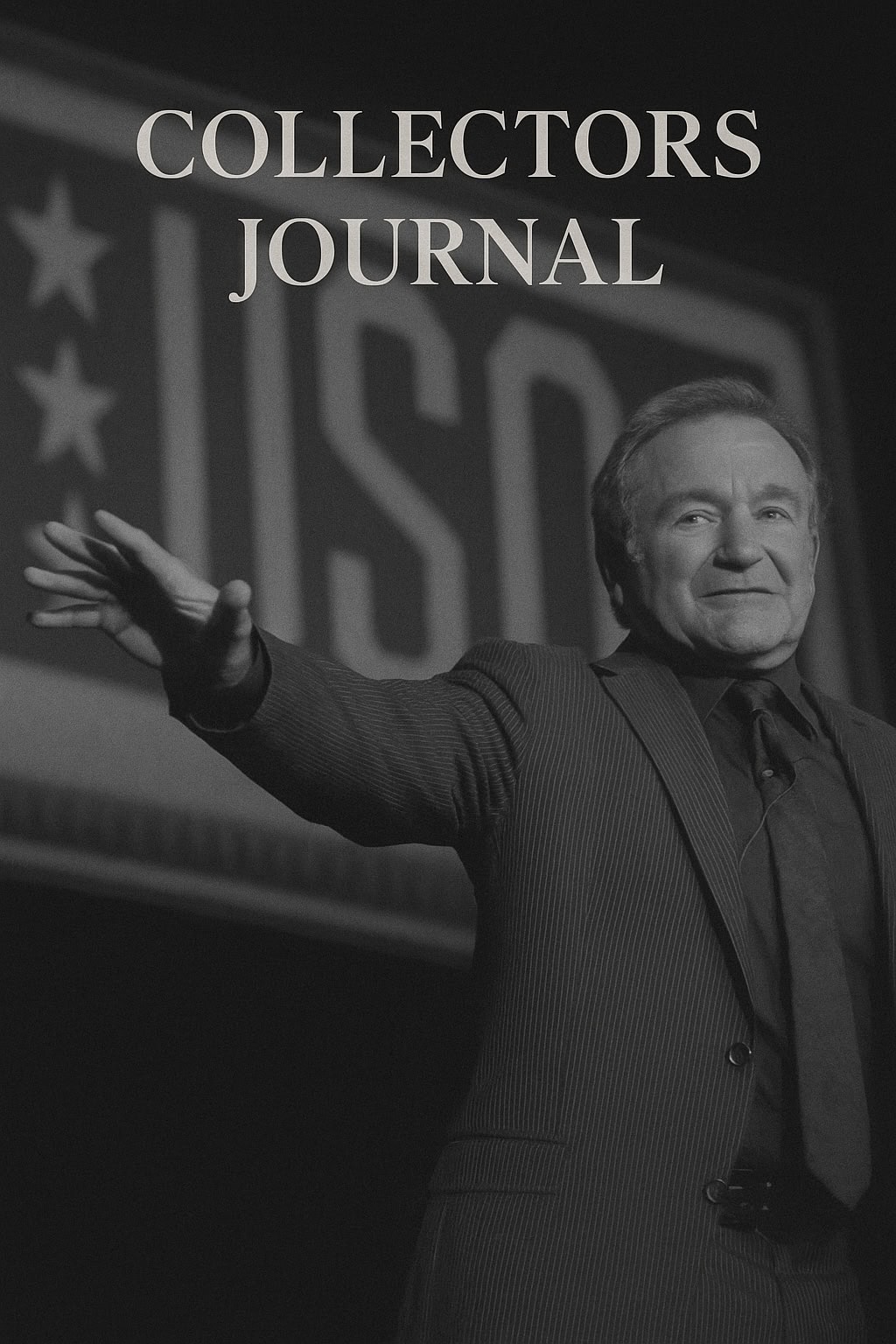 A man in a suit gestures with one arm extended, smiling on stage in front of a large USO sign. The text "COLLECTORS JOURNAL" appears at the top of the image.