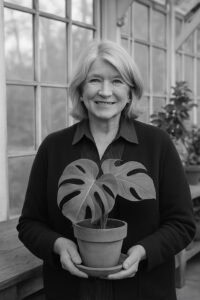 A smiling older woman with light hair stands indoors, holding a small potted monstera plant. Large windows and other potted plants are visible in the background. The image is in black and white.