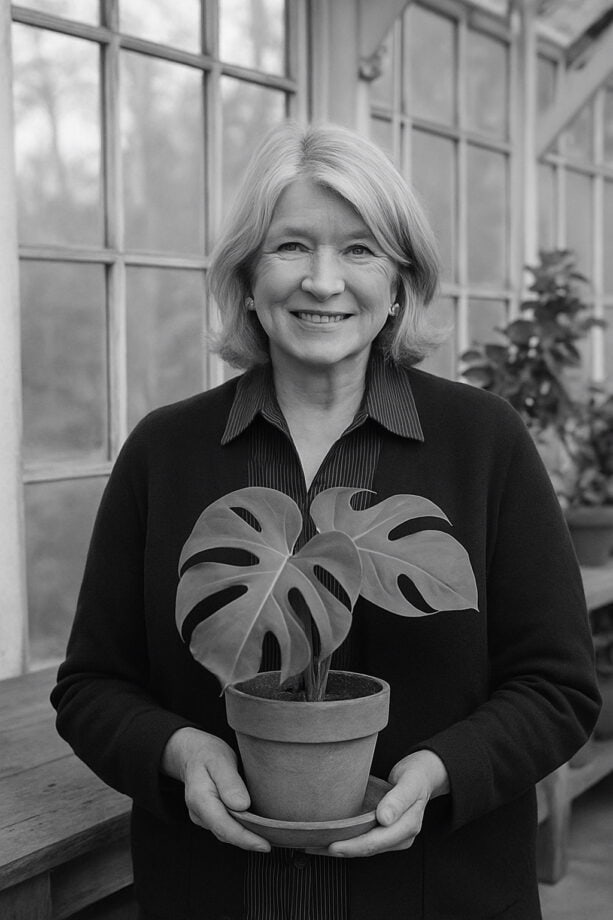 A smiling older woman with light hair stands indoors, holding a small potted monstera plant. Large windows and other potted plants are visible in the background. The image is in black and white.