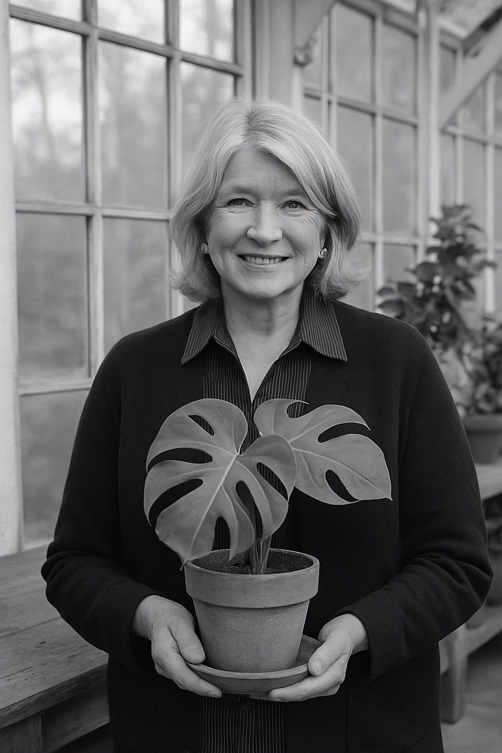 A smiling older woman with light hair stands indoors, holding a small potted monstera plant. Large windows and other potted plants are visible in the background. The image is in black and white.