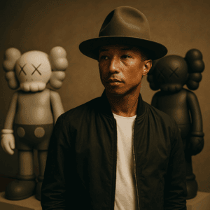 A man in a wide-brimmed hat and dark jacket stands in front of two large, cartoon-style, gray and black statues with X's for eyes, against a neutral background.