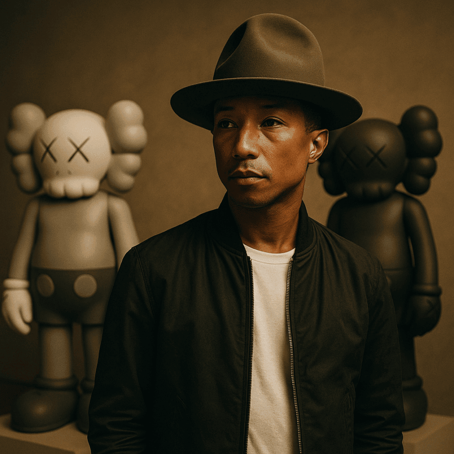 A man in a wide-brimmed hat and dark jacket stands in front of two large, cartoon-style, gray and black statues with X's for eyes, against a neutral background.