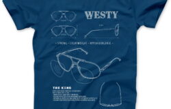 A blue t-shirt displays white technical sketches of Hats, labeled "WESTY" at the top. Descriptions highlight "strong, lightweight, hypoallergenic." Bottom text titled "THE KING" features specifications and details about the headwear.