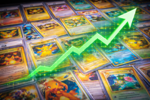 A collection of Pokémon trading cards is displayed, with a green upward-trending arrow graph overlayed, symbolizing an increase in value or popularity.