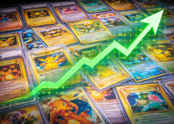A collection of Pokémon trading cards is displayed, with a green upward-trending arrow graph overlayed, symbolizing an increase in value or popularity.